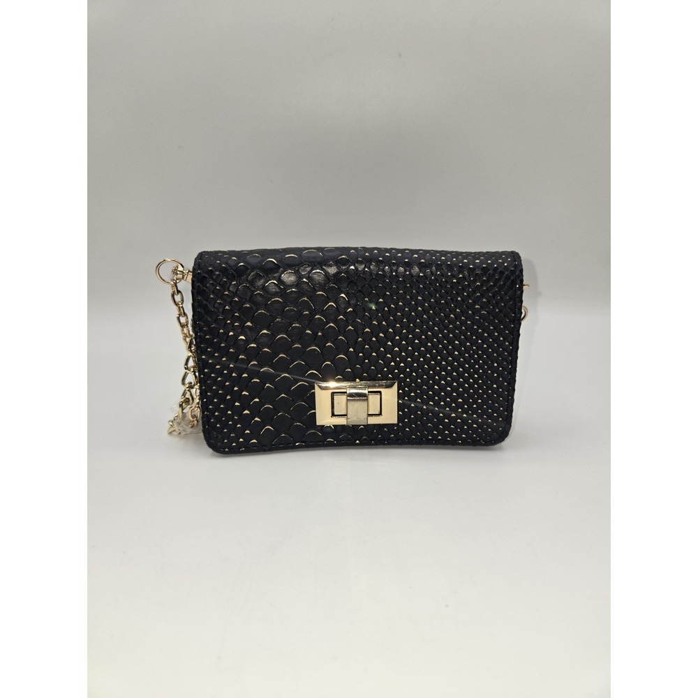 Black Faux Snakeskin Crossbody Purse with Gold Chain Strap & Twist-Lock Closure